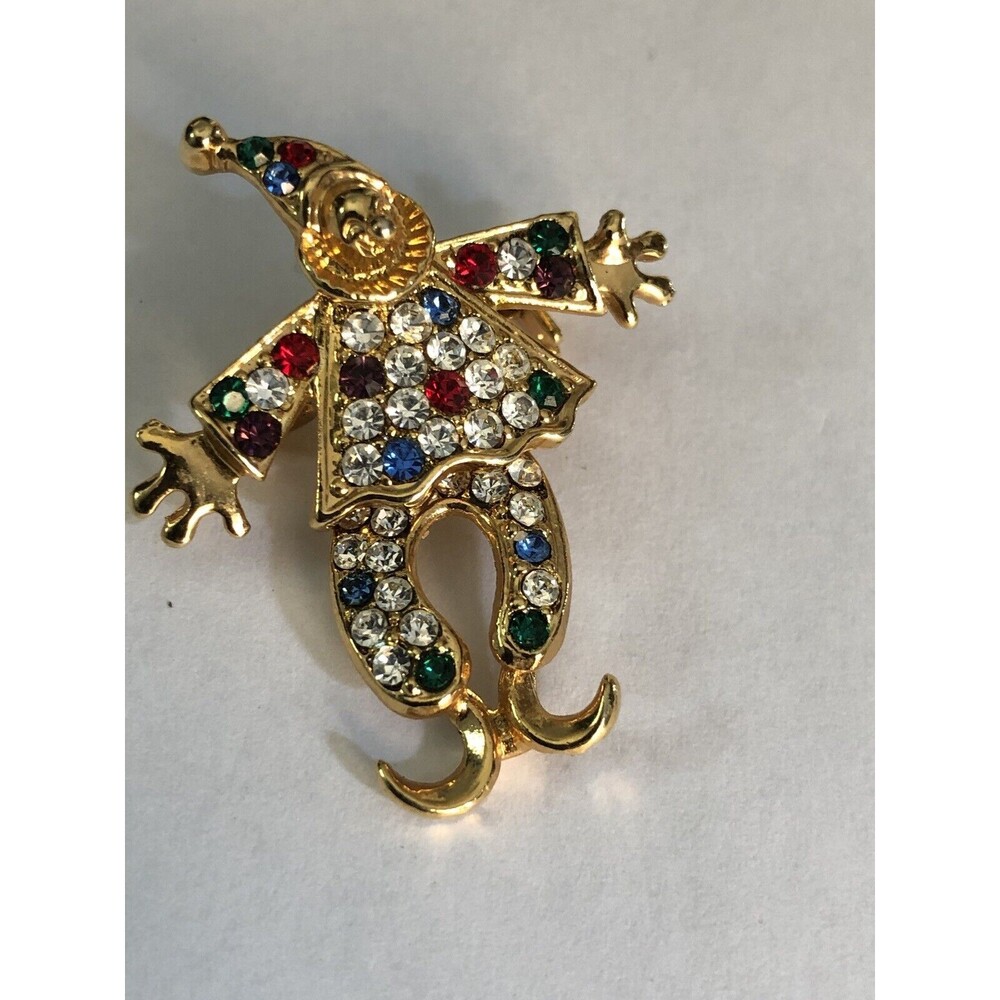 Rhinestone Circus Clown Brooch Pendant, Articulated Pin, Vintage Costume Jewelry